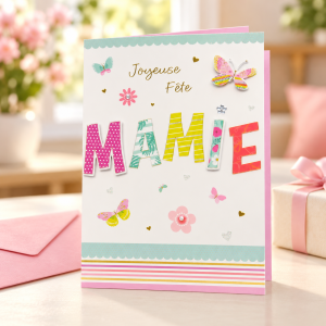 Tarjeta para abuela Joyeuse Fête Mamie con mariposas en uso junto a un regalo | Shumy Tarjeta para abuela Joyeuse Fête Mamie con mariposas en uso junto a un regalo