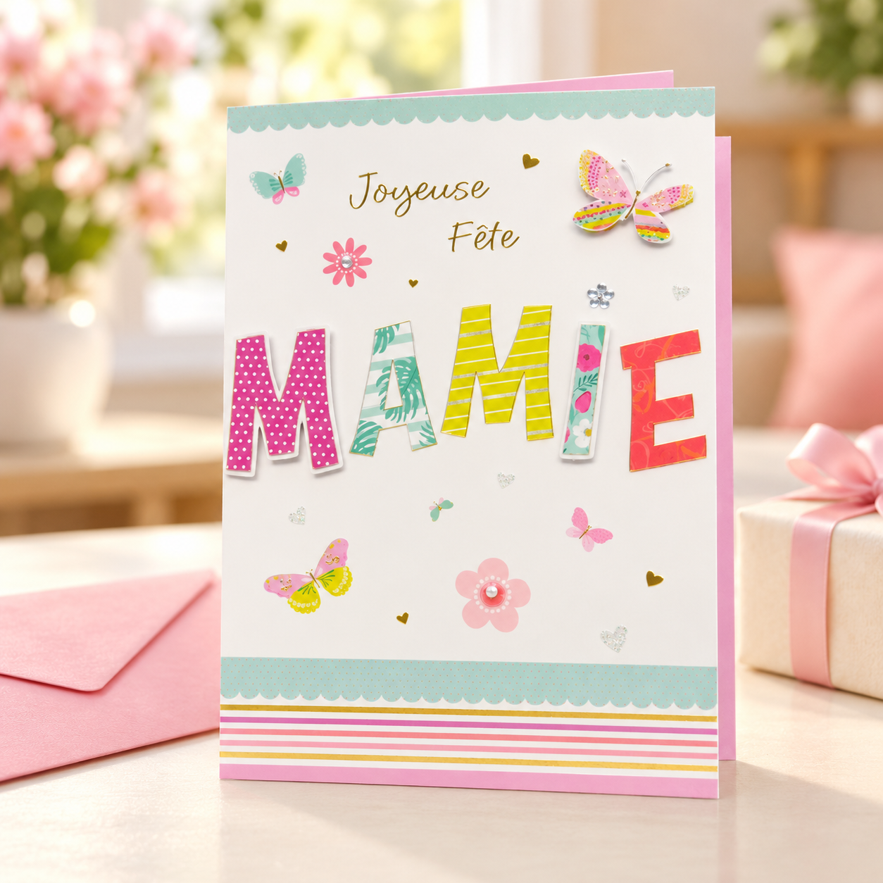 Tarjeta para abuela Joyeuse Fête Mamie con mariposas en uso junto a un regalo | Shumy Tarjeta para abuela Joyeuse Fête Mamie con mariposas en uso junto a un regalo