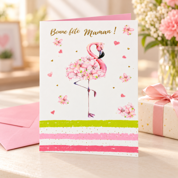 Tarjeta para mamá Bonne fête Maman con flamenco floral en uso junto a un regalo | Shumy Tarjeta para mamá Bonne fête Maman con flamenco floral en uso junto a un regalo