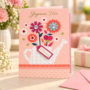 Tarjeta para mamá Joyeuse Fête con regadera y flores en uso junto a un regalo