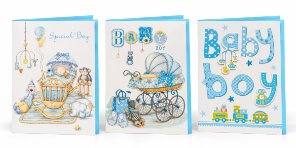 Tres tarjetas de felicitación por nacimiento: Special Boy, cochecito y Baby Boy