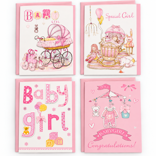 Tarjetas de nacimiento niña con sobre rosa Cuatro tarjetas de nacimiento para niña con sobres rosas
