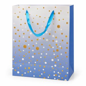 Bolsa de regalo mediana azul degradada con lunares dorados — vista frontal Bolsa de regalo mediana azul degradada con lunares dorados, vista frontal