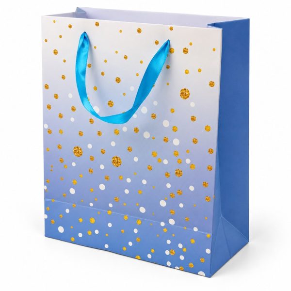 Bolsa de regalo mediana azul degradada con lunares dorados — vista lateral Bolsa de regalo mediana azul degradada con lunares dorados, vista lateral