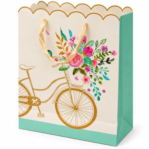 Bolsa de regalo con bicicleta dorada, flores y borde ondulado — vista lateral