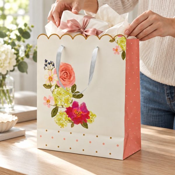 Bolsa de regalo floral con borde ondulado dorado y lateral rosa — en uso