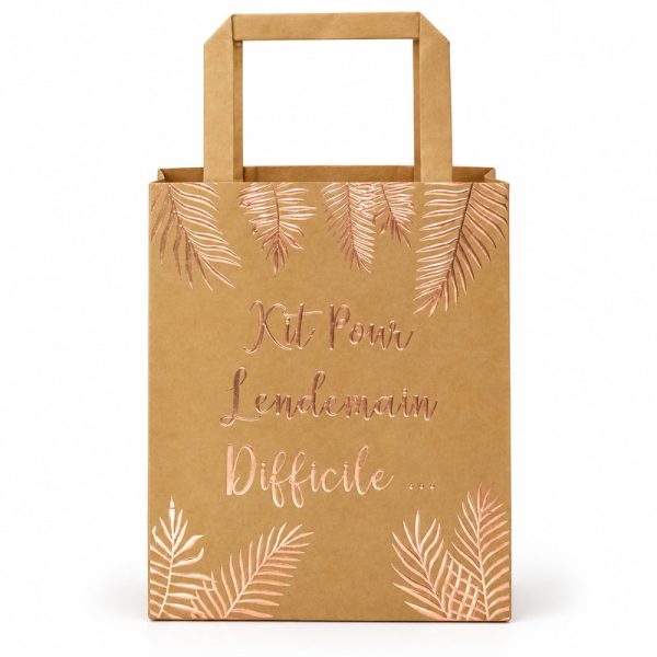 Bolsa de regalo pequeña kraft con hojas rosa dorado y mensaje francés, vista frontal