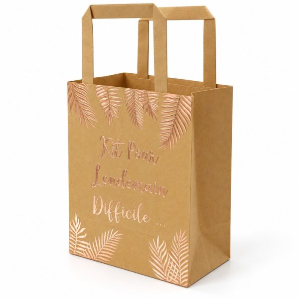 Bolsa de regalo pequeña kraft con hojas rosa dorado y mensaje francés, vista lateral